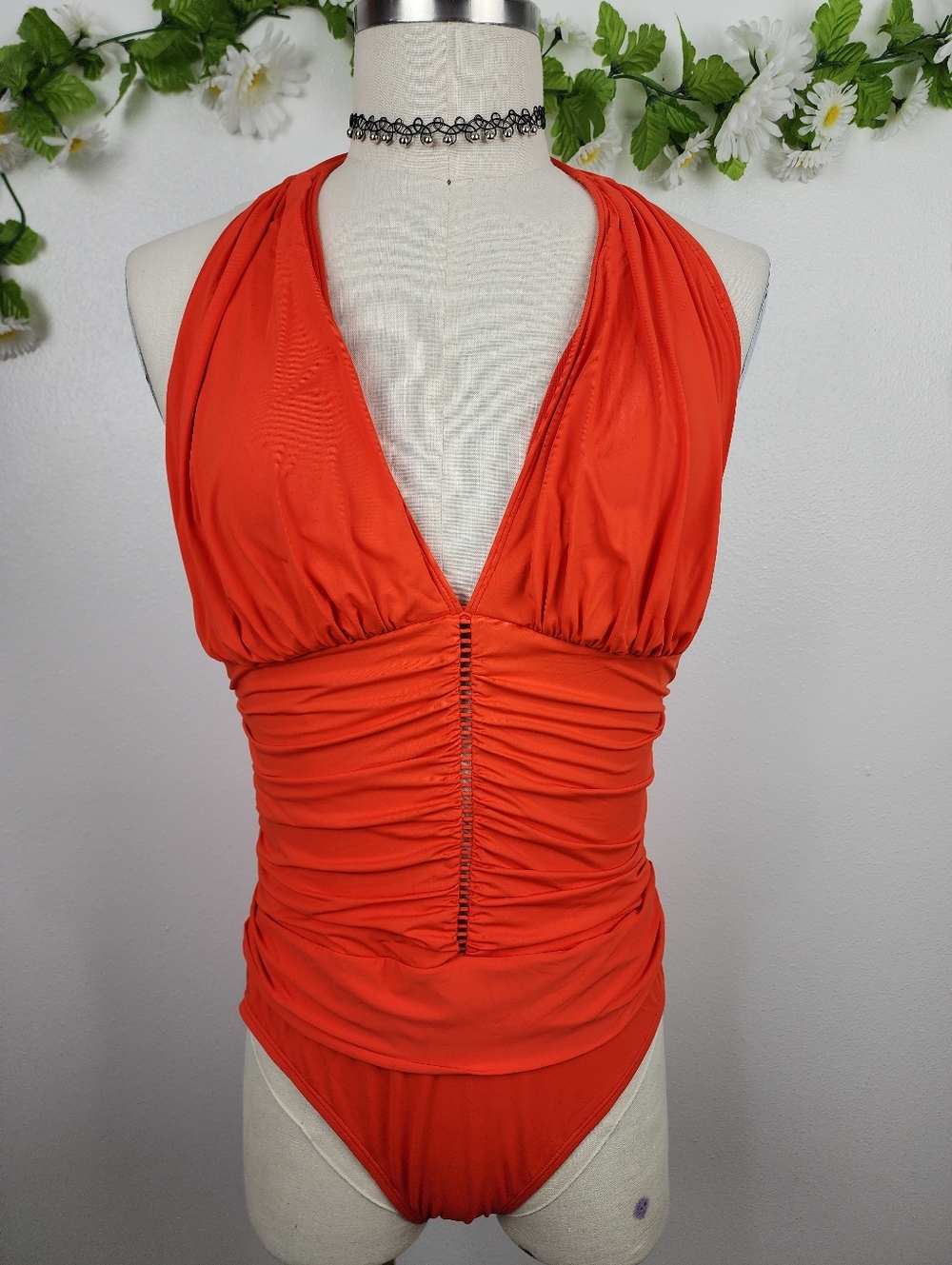 Bleu Rod Beattie Orange Halter Ruched One-Piece Swimsuit Sz 14 NWOT